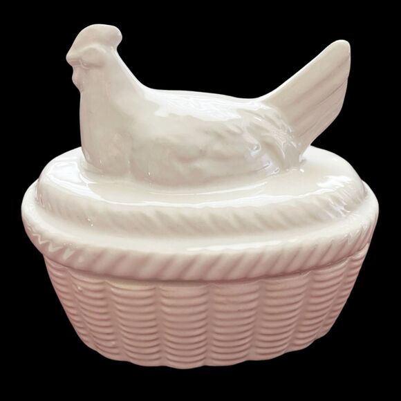 Vintage Small White Ceramic Lidded HON Hen on Nest Country Décor Trinket Box 4" - Picture 1 of 7